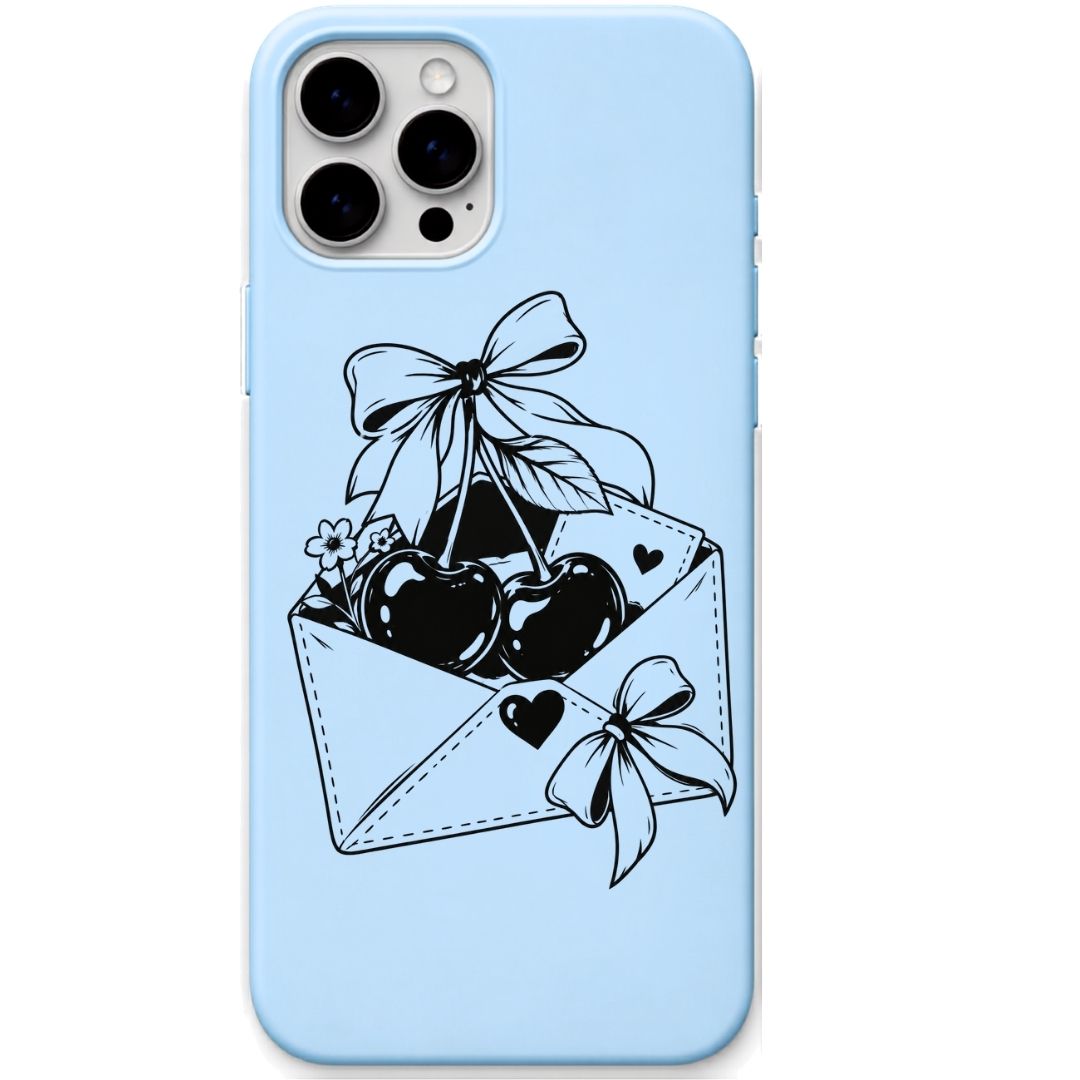 Cherry Love Letter liquid silicone phone cover in Sky Blue