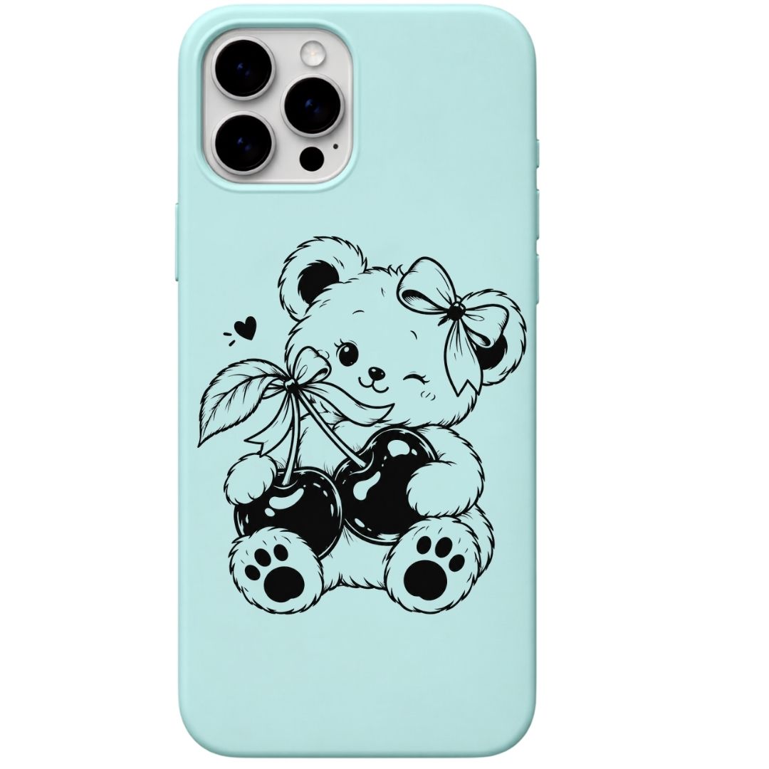 Cherry Teddy liquid silicone phone cover in Mint Green