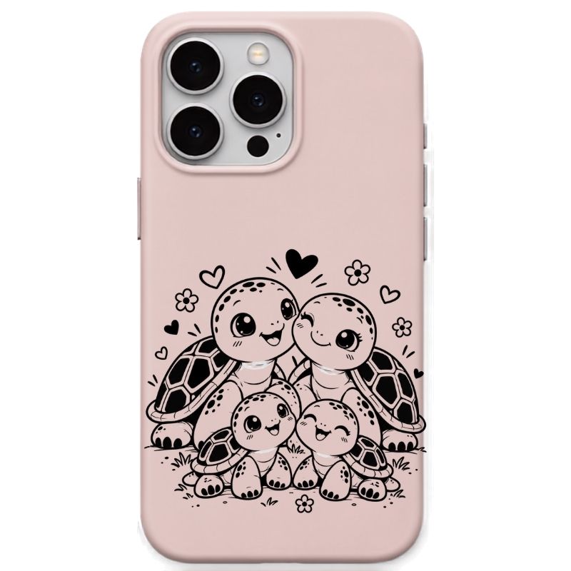 Cute Turtle Family liquid silicone phone cover in Blush Pink