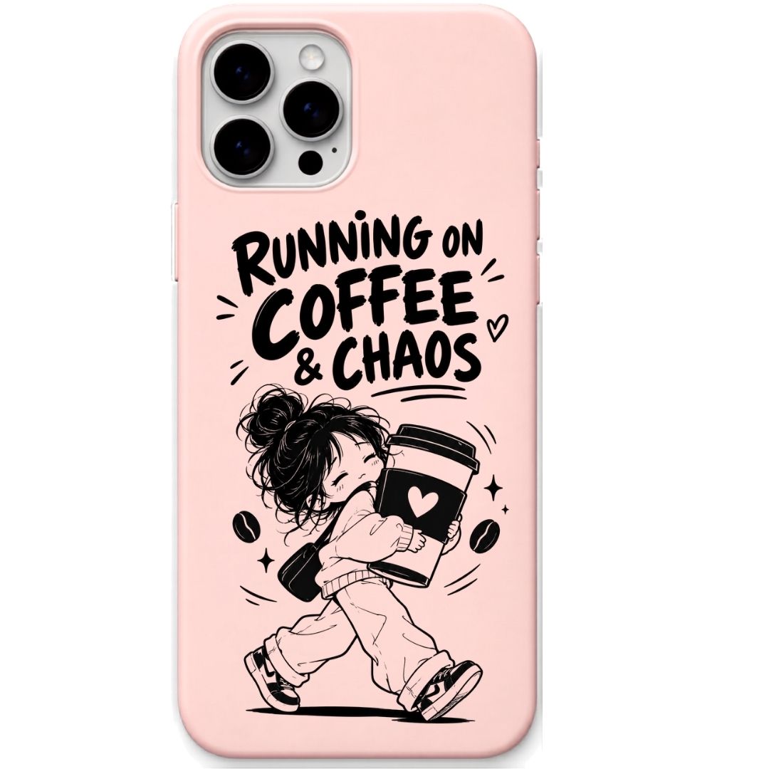 Running on Coffee & Chaos liquid silicone phone cover in Blush Pink