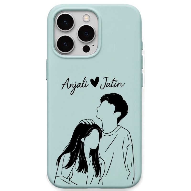 Romantic Couple Portrait & Names personalised phone cover in Mint Green