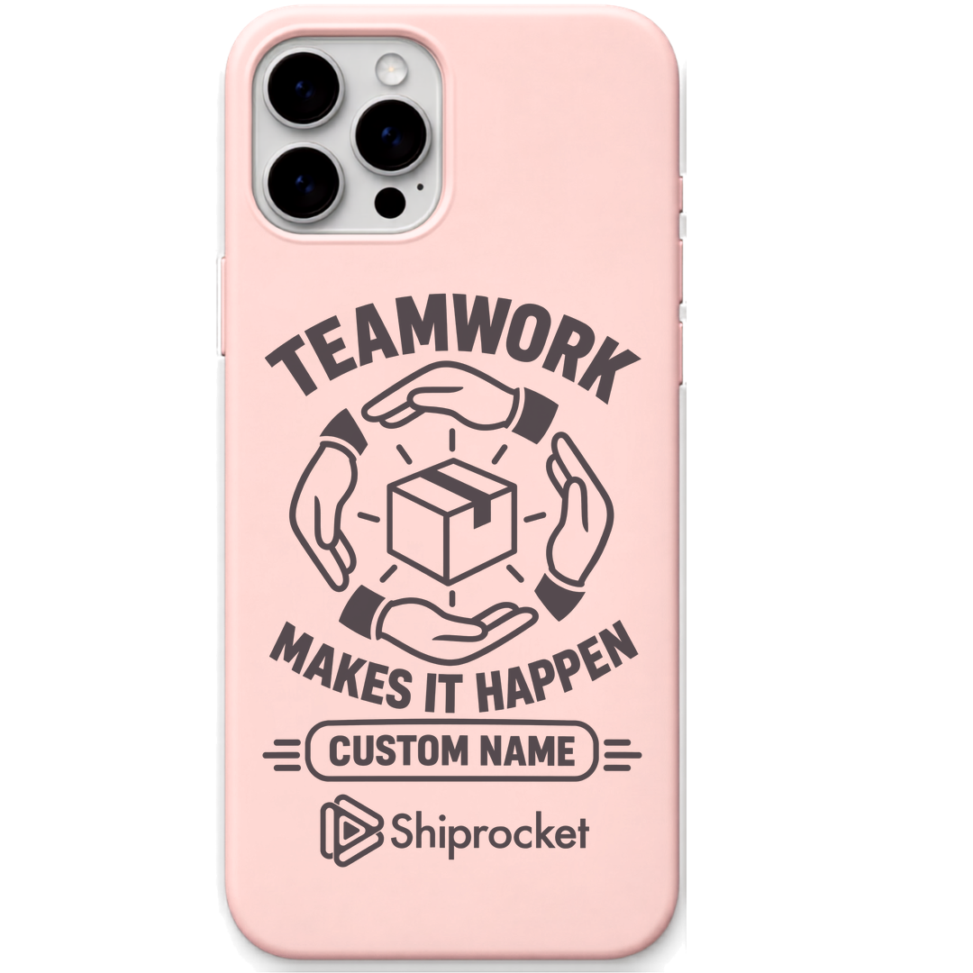Shiprocket Teamwork + Name engraved phone cover in Blush Pink