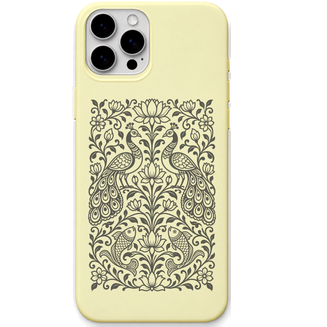 Pattachitra Garden Peacock Pair engraved pastel silicone phone cover in Lemon Yellow