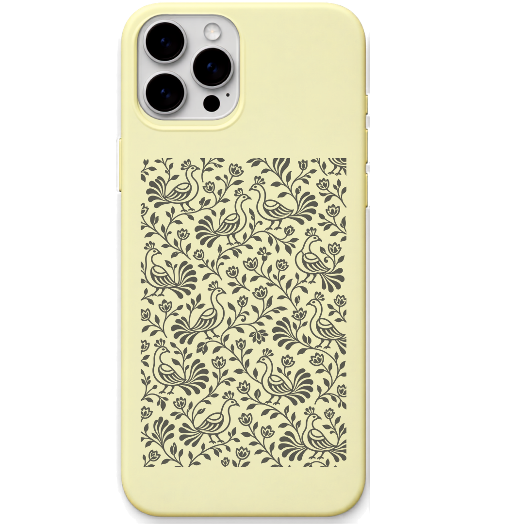 Pattachitra Birdsong engraved pastel silicone phone cover in Lemon Yellow