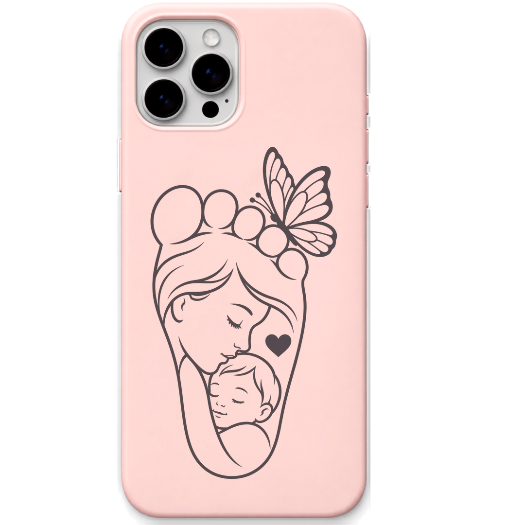 First Footsteps Endless Love mother baby butterfly line art engraved pastel silicone phone cover in Blush Pink
