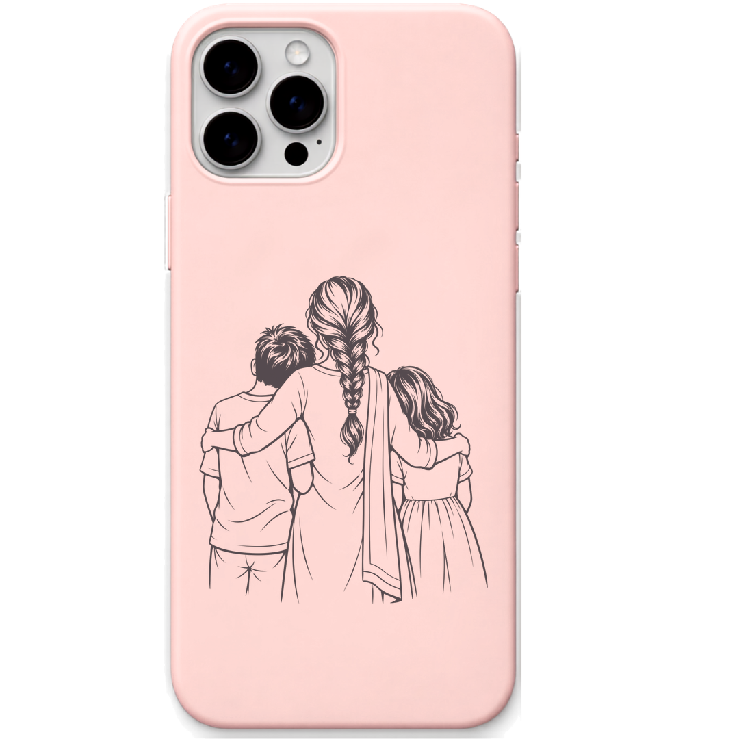 Both Sides of My Heart mum two children line art engraved pastel silicone phone cover in Blush Pink