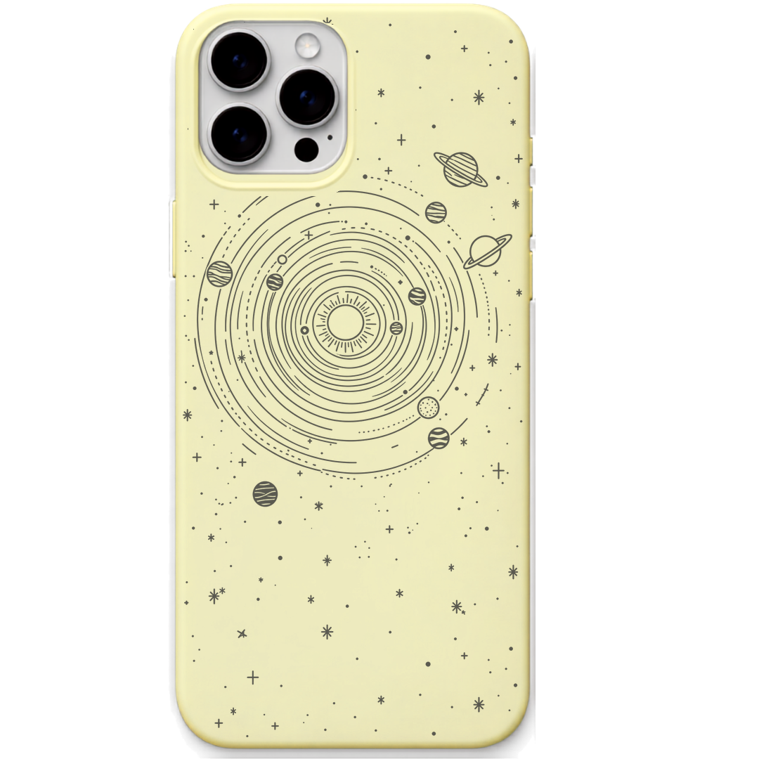 Orbit Dreams engraved silicone phone cover in Lemon Yellow