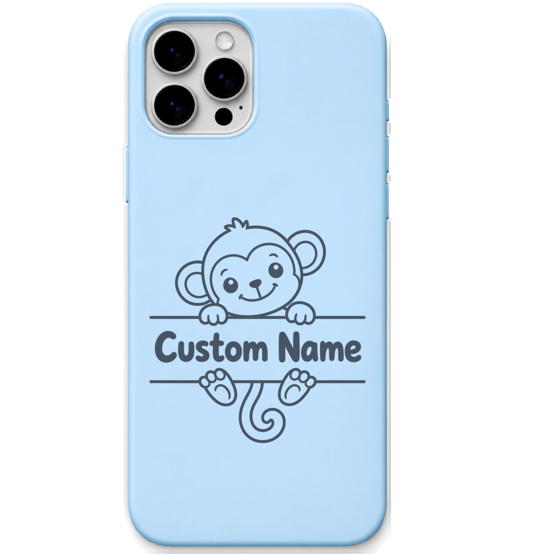Cheeky Monkey baby monkey custom name engraved pastel silicone phone cover in Sky Blue