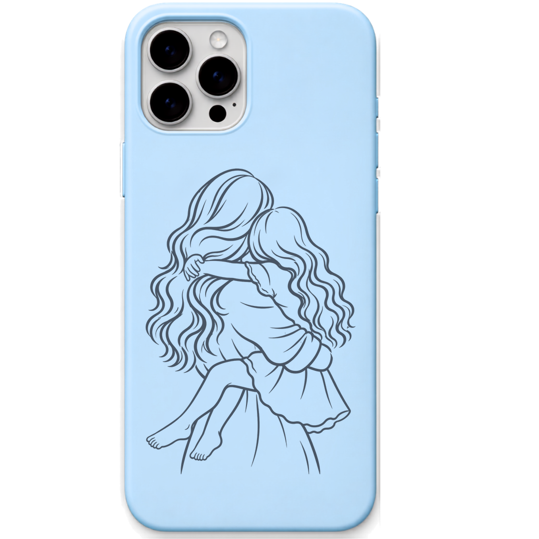 Her Safest Place mother child embrace line art engraved pastel silicone phone cover in Sky Blue