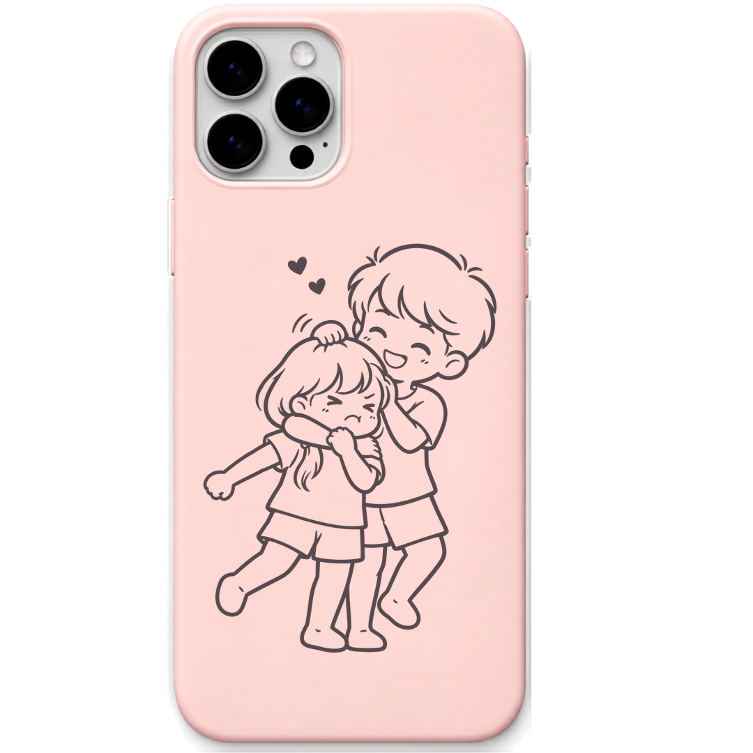 Sibling Mischief sibling hug line art engraved pastel silicone phone cover in Blush Pink
