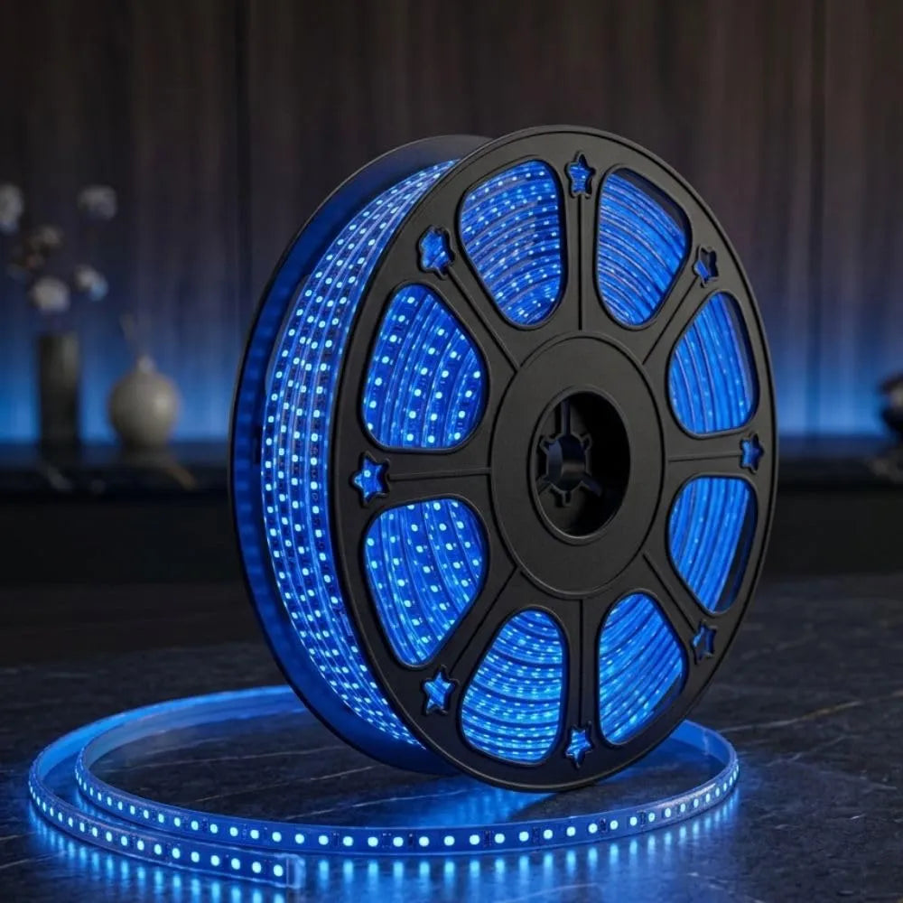 Blue LED rope-light reel with enclosed LEDs visible in close-up