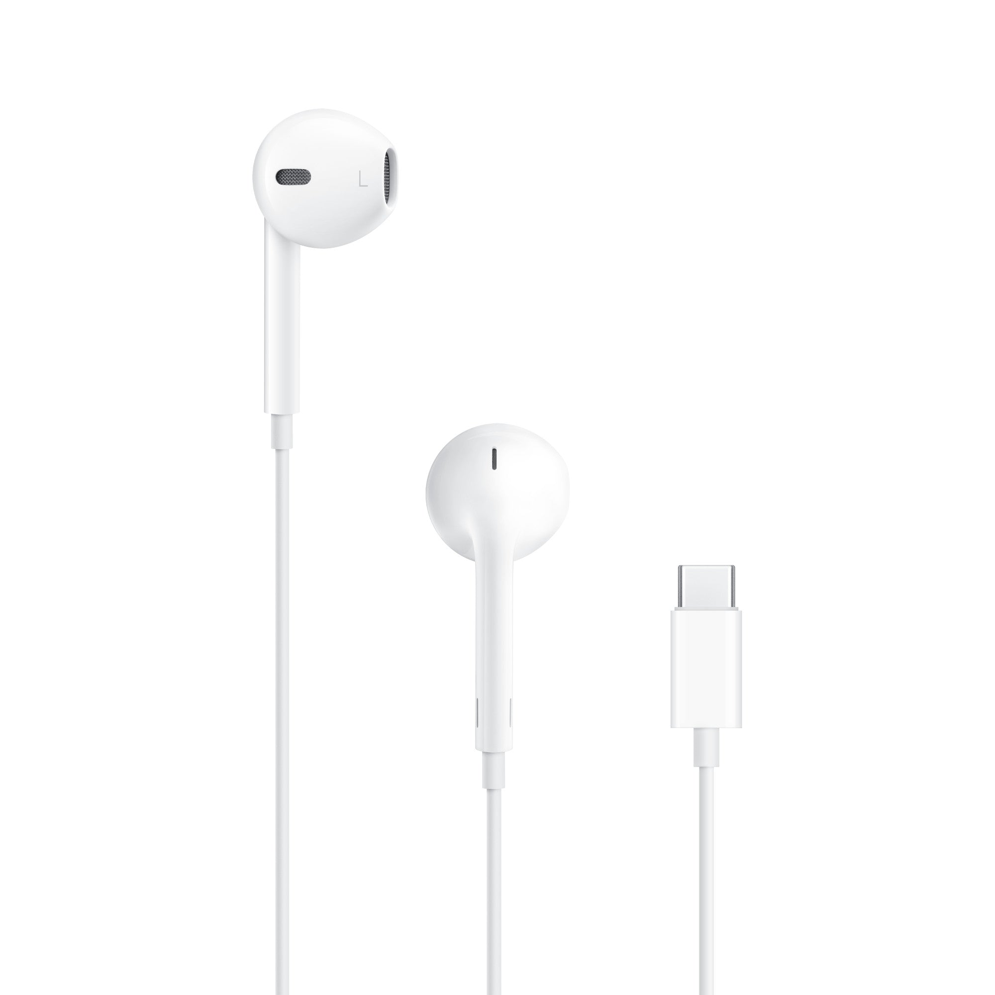 Apple EarPods with USB-C connector, white color, displayed alongside a USB-C cable.