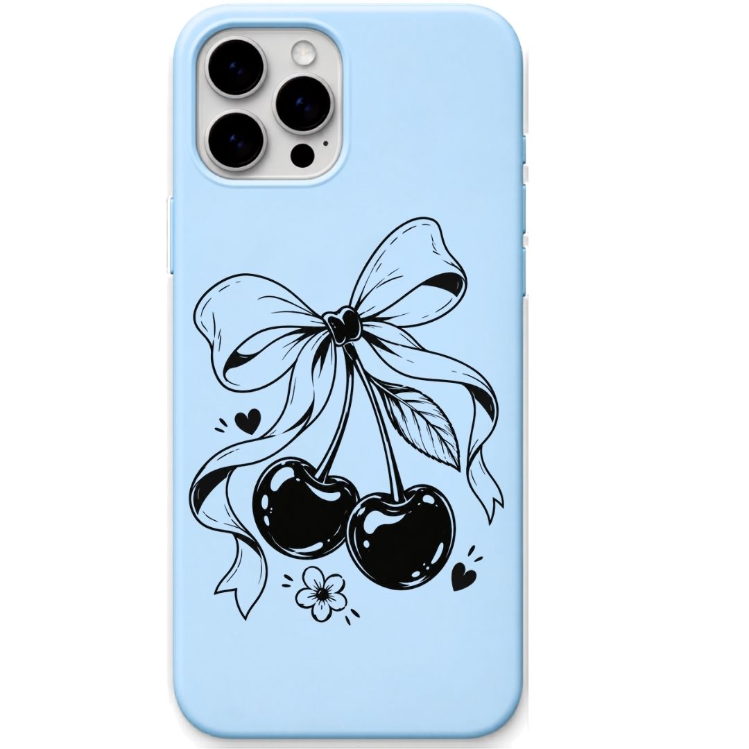 Cherry Ribbon Charm liquid silicone phone cover in Sky Blue