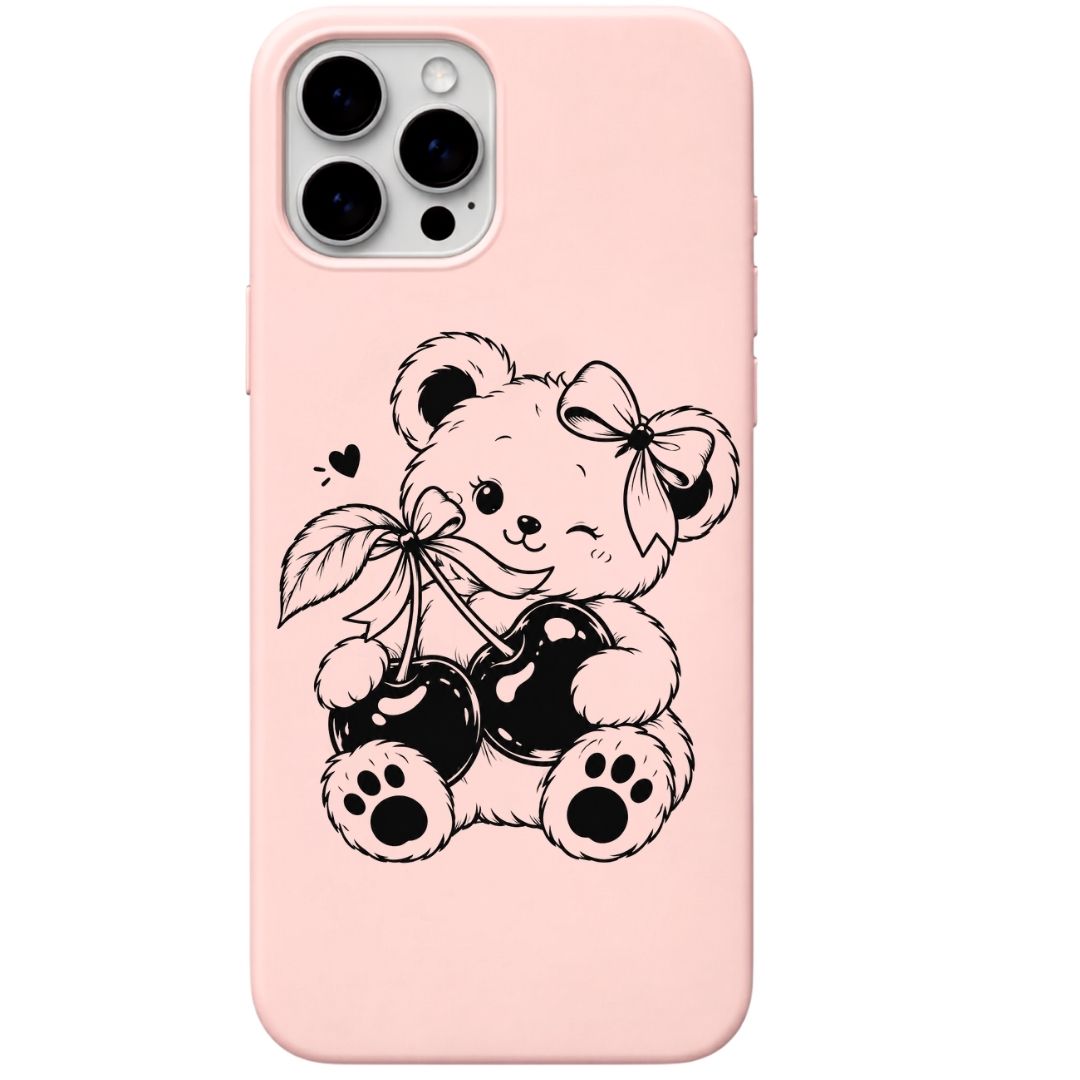 Cherry Teddy liquid silicone phone cover in Blush Pink