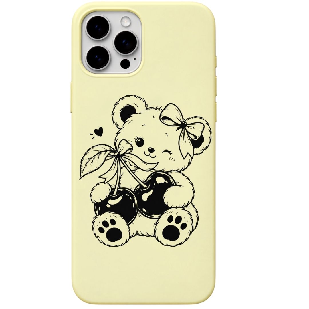 Cherry Teddy liquid silicone phone cover in Lemon Yellow