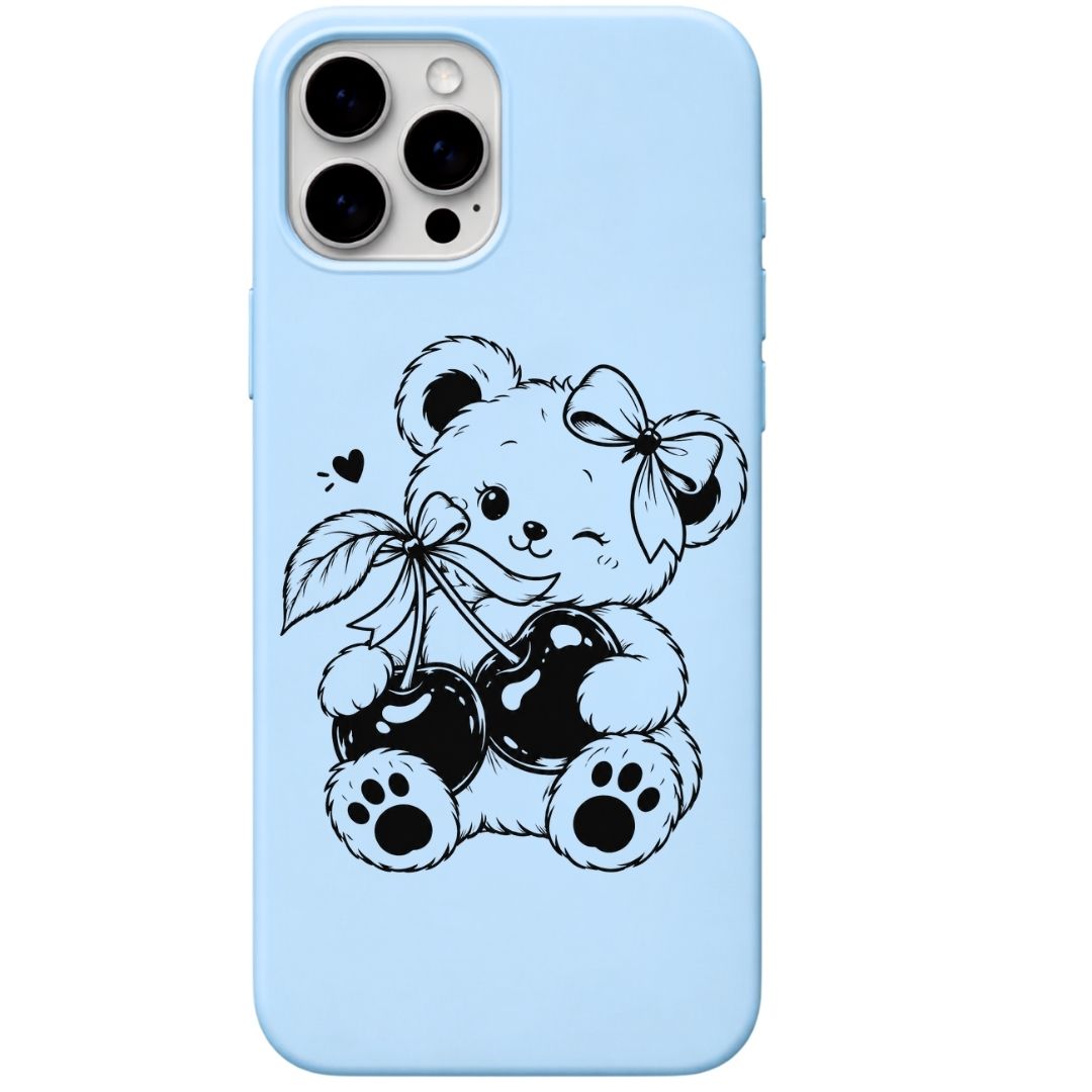 Cherry Teddy liquid silicone phone cover in Sky Blue