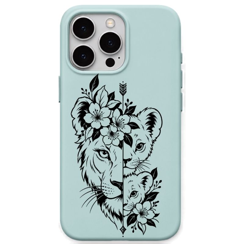 Lion Family Floral liquid silicone phone cover in Mint Green