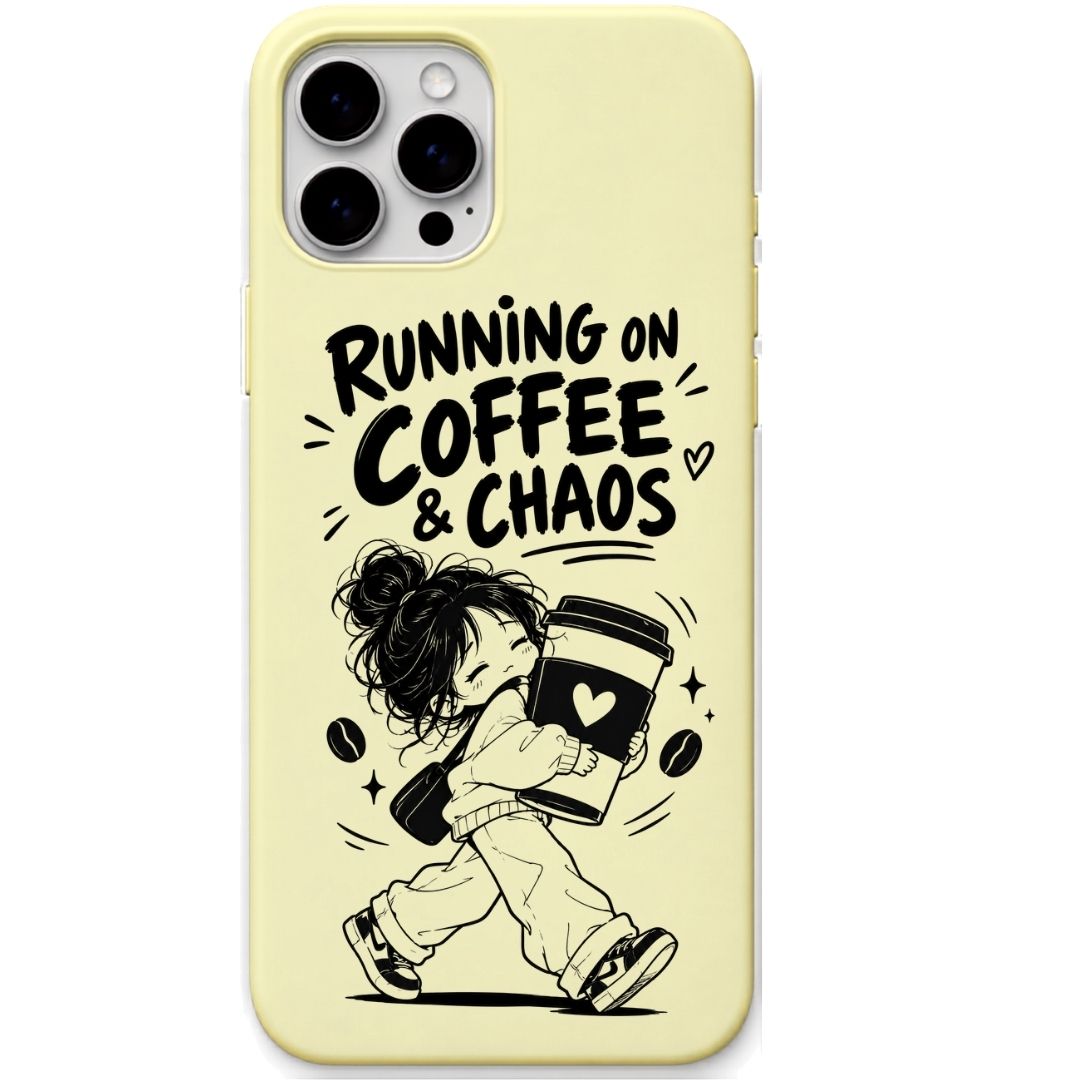 Running on Coffee & Chaos liquid silicone phone cover in Lemon Yellow