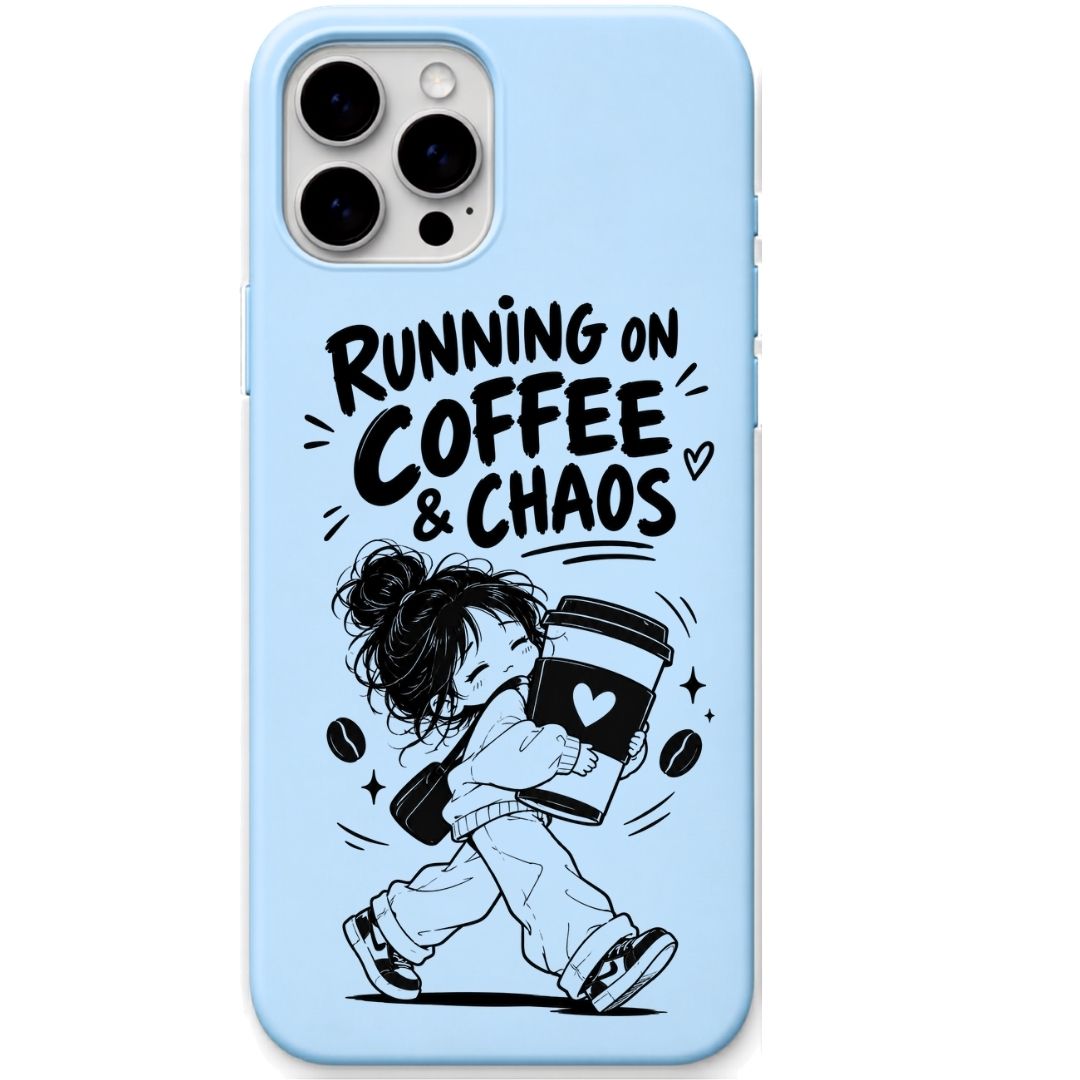 Running on Coffee & Chaos liquid silicone phone cover in Sky Blue