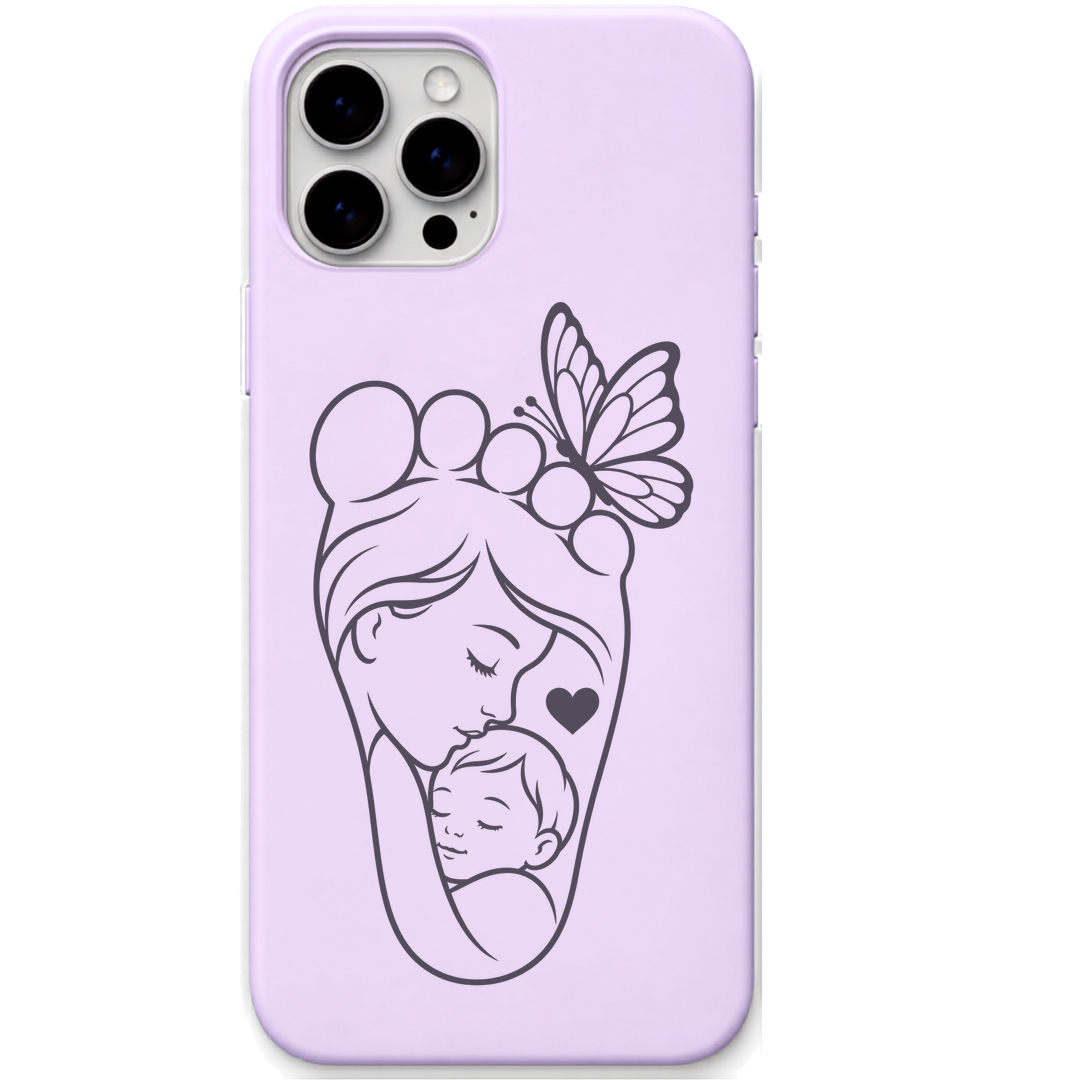 First Footsteps Endless Love mother baby butterfly line art engraved pastel silicone phone cover in Lavender