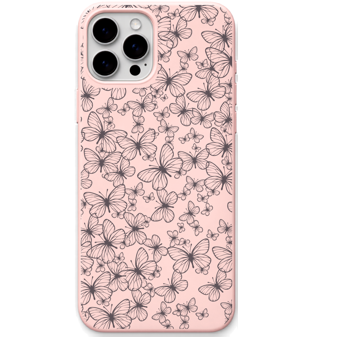 Butterfly Meadow engraved silicone phone cover in Blush Pink