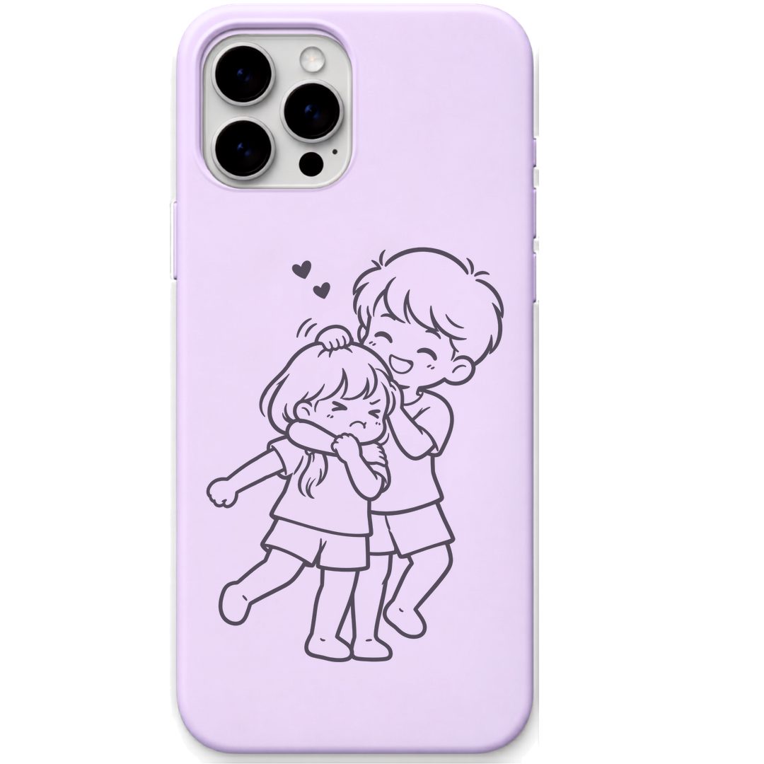 Sibling Mischief sibling hug line art engraved pastel silicone phone cover in Lavender