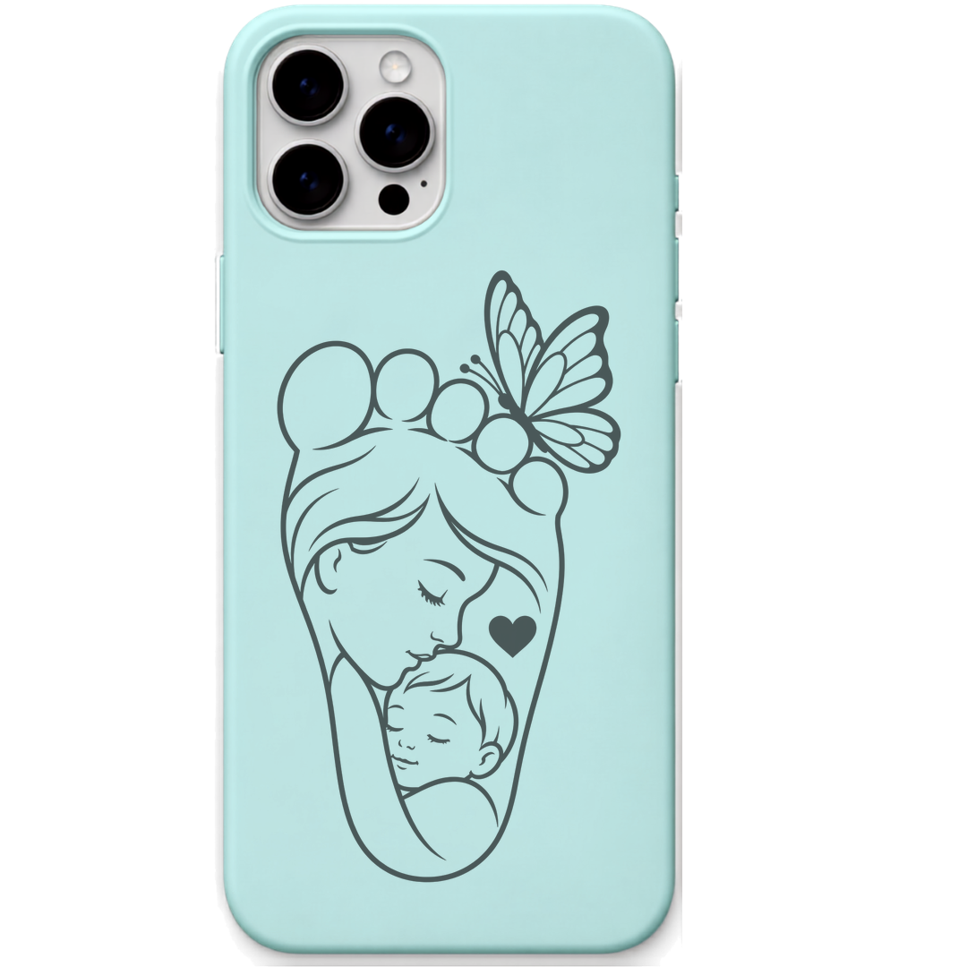 First Footsteps Endless Love mother baby butterfly line art engraved pastel silicone phone cover in Mint Green