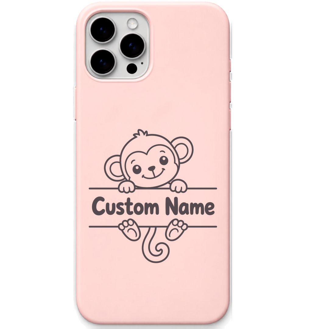 Cheeky Monkey baby monkey custom name engraved pastel silicone phone cover in Blush Pink