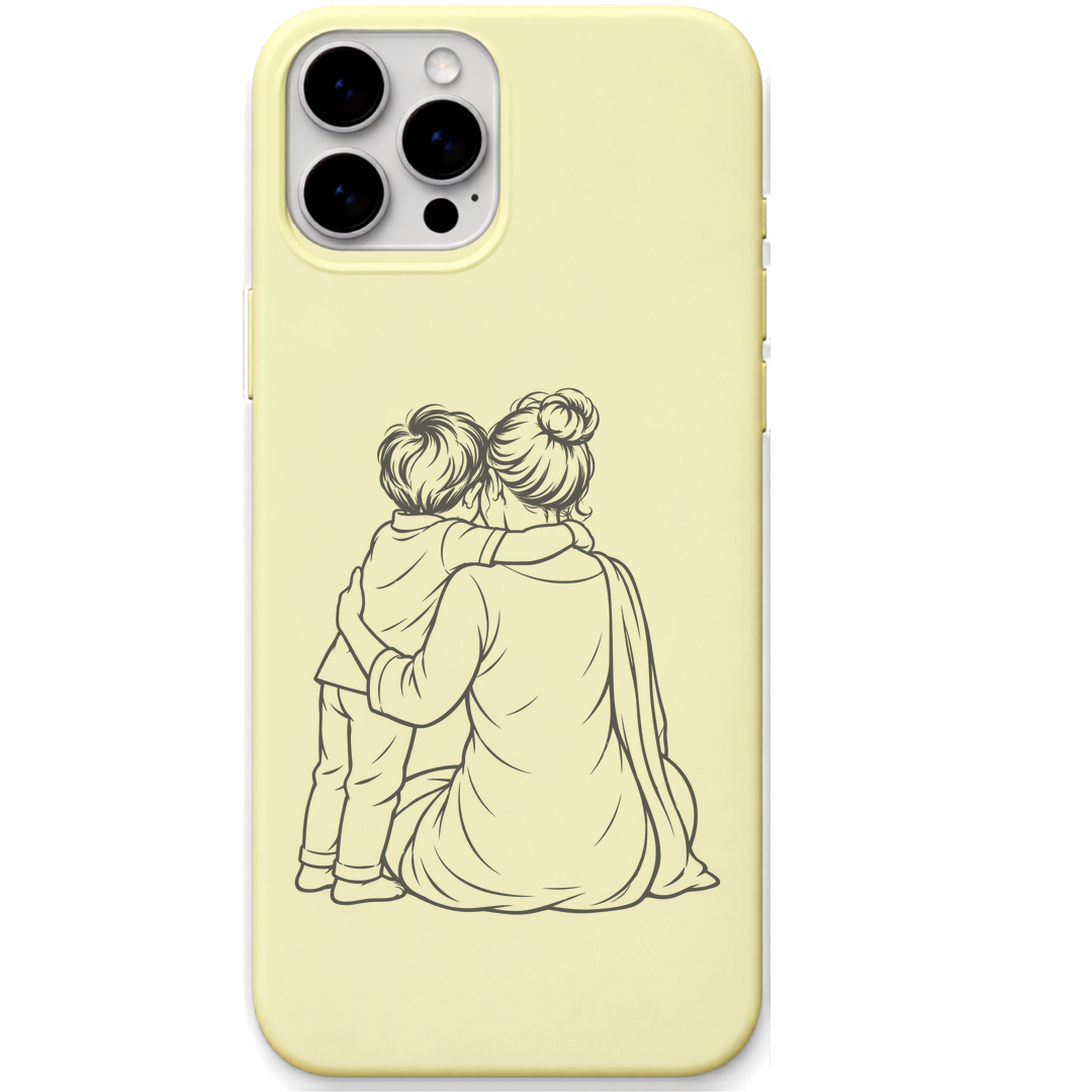 Maa My Safe Place mother children hug line art engraved pastel silicone phone cover in Lemon Yellow