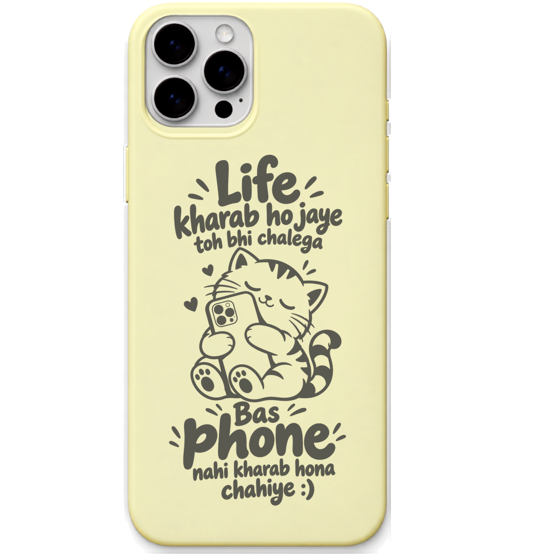 Life Kharab Phone Nahi phone first cat meme engraved silicone phone cover in Lemon Yellow