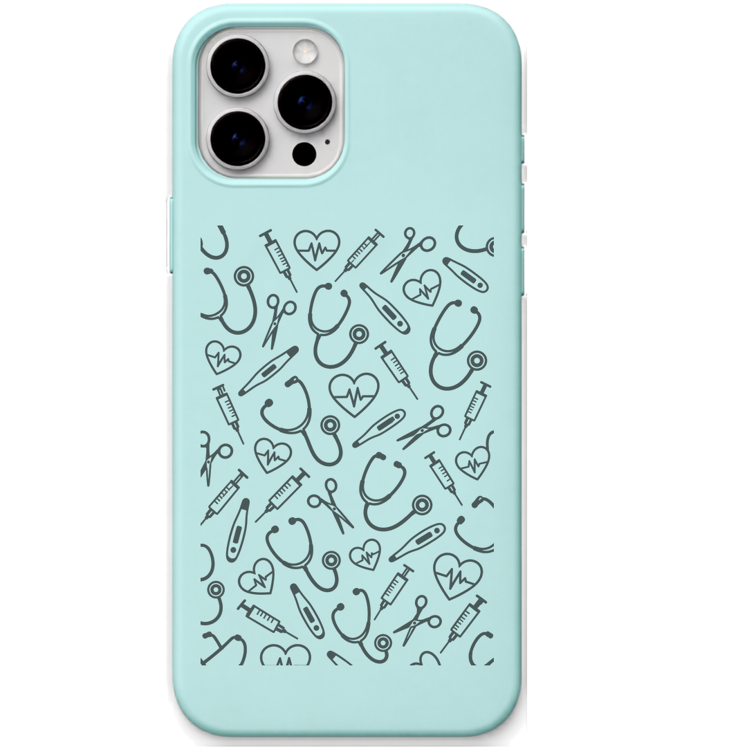 Doctor Daily Kit Medical Doodles engraved silicone phone cover in Mint Green