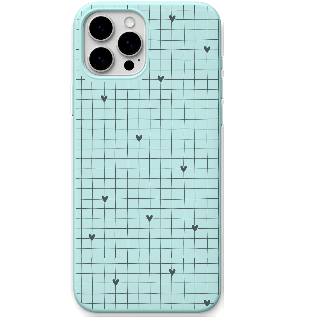 Handdrawn Heart Grid engraved silicone phone cover in Mint Green
