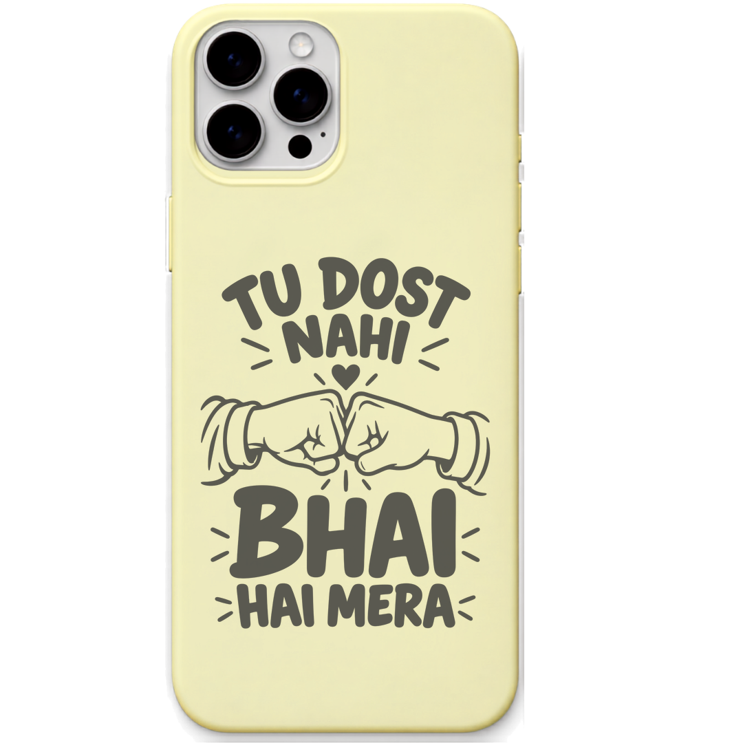 Tu Dost Nahi Bhai Hai Mera Fist Bump friendship quote engraved silicone phone cover in Lemon Yellow