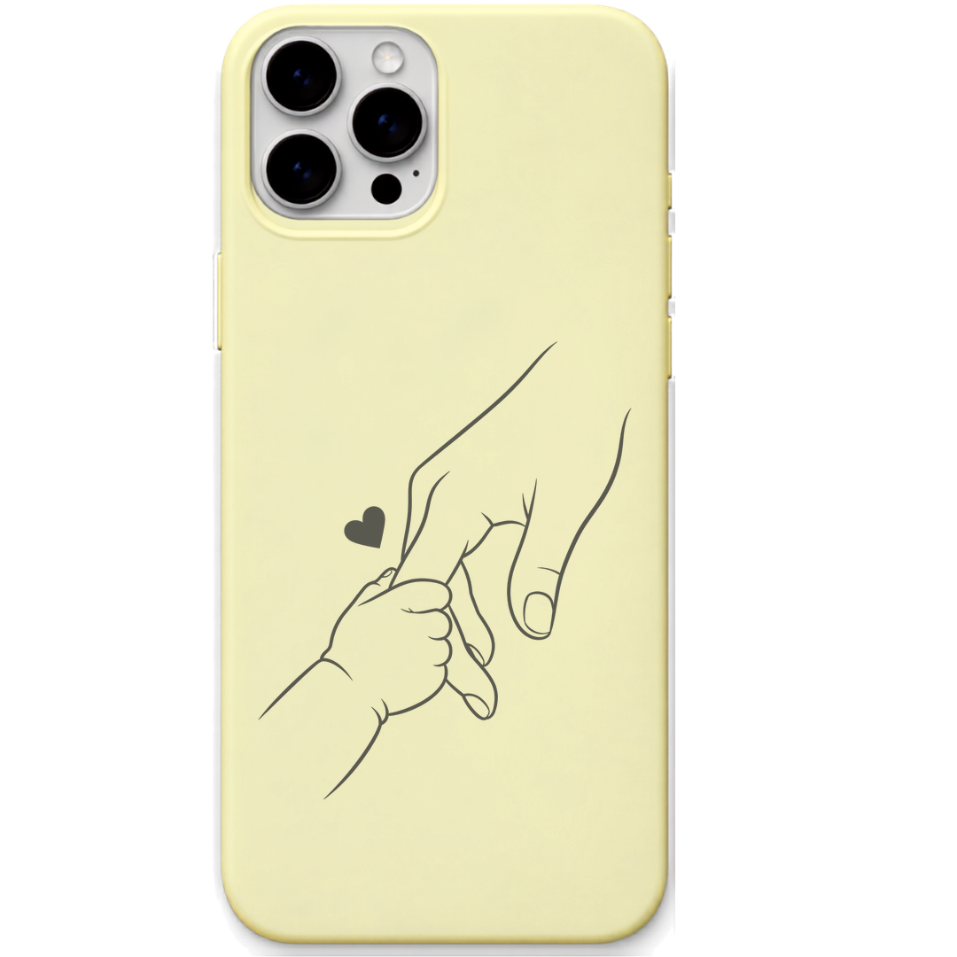 Tiny Hand Forever Bond parent child hands line art engraved pastel silicone phone cover in Lemon Yellow