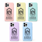 Arora Roots and Routes iPhone Cover – engraved surname silicone case shown in five pastel colours