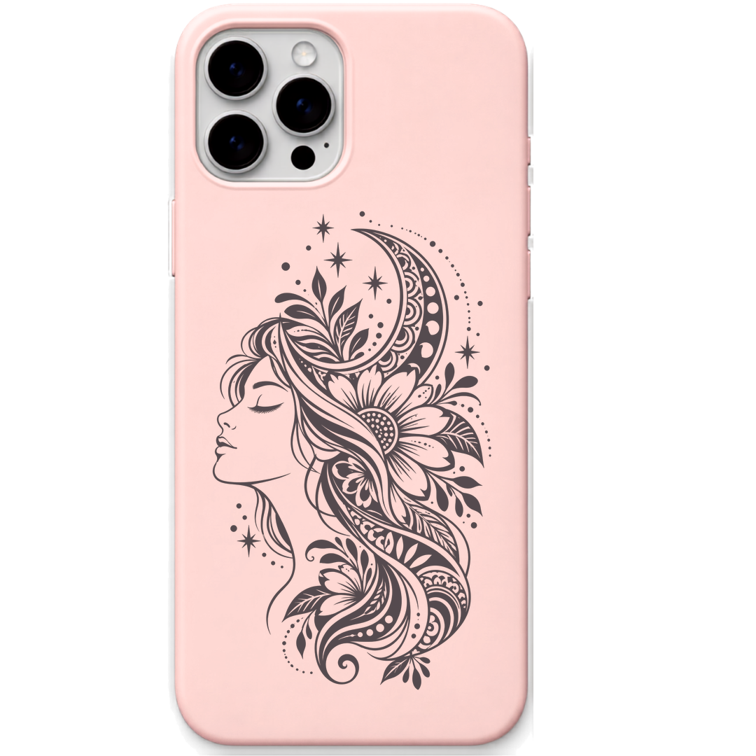 Moonlit Muse celestial woman silhouette engraved pastel silicone phone cover in Blush Pink