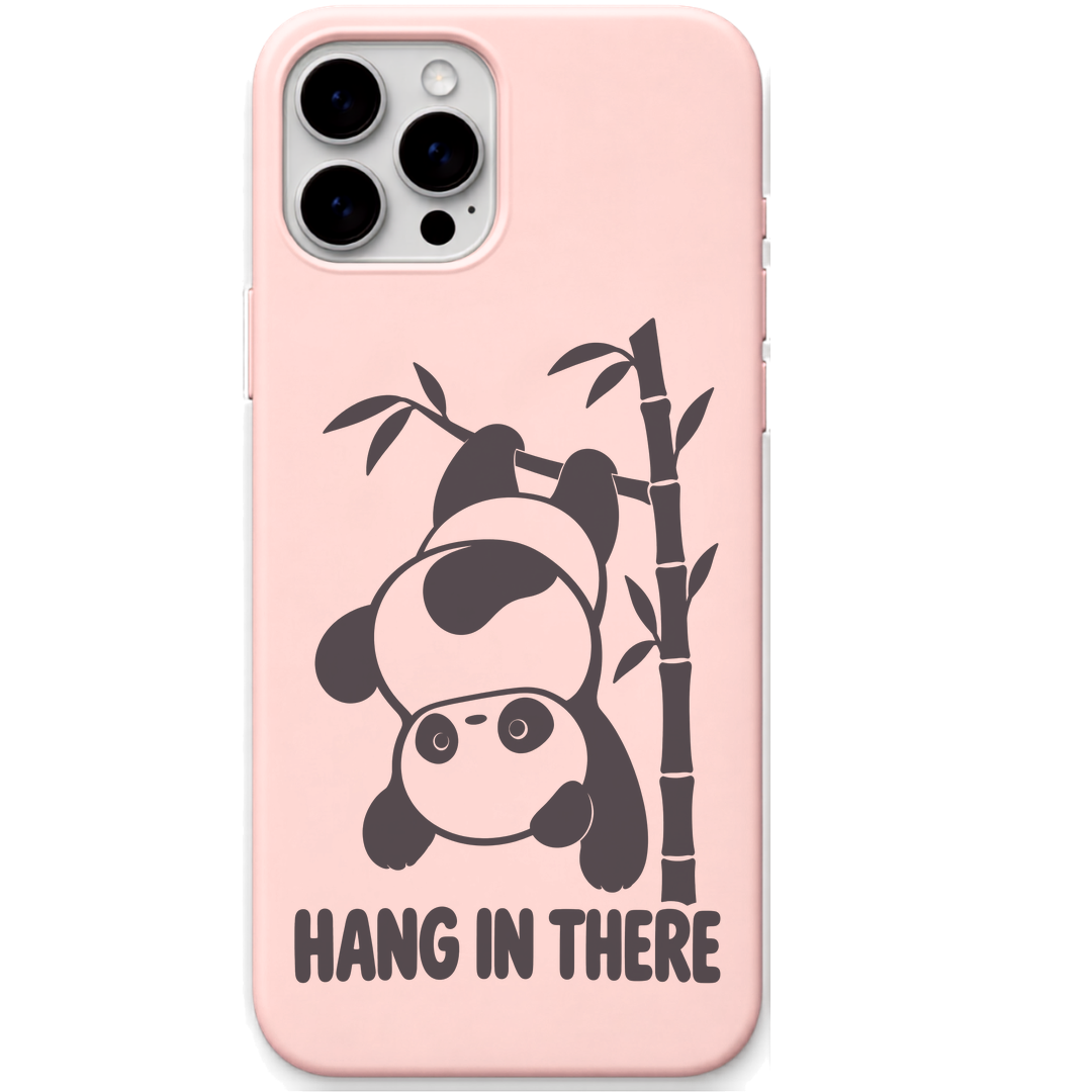 Hang in There Panda hanging panda bamboo art engraved pastel silicone phone cover in Blush Pink