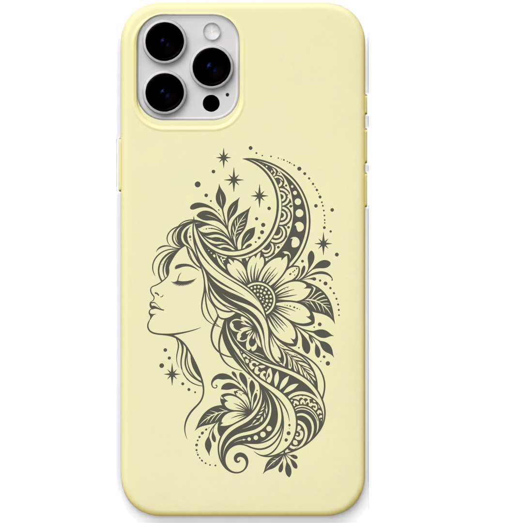 Moonlit Muse celestial woman silhouette engraved pastel silicone phone cover in Lemon Yellow