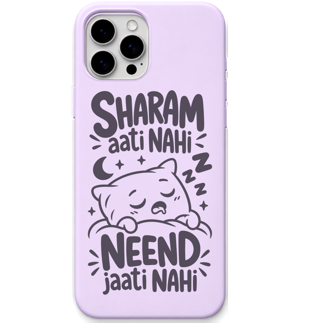 Sharam Aati Nahi Neend Jaati Nahi sleepy cat meme engraved silicone phone cover in Lavender