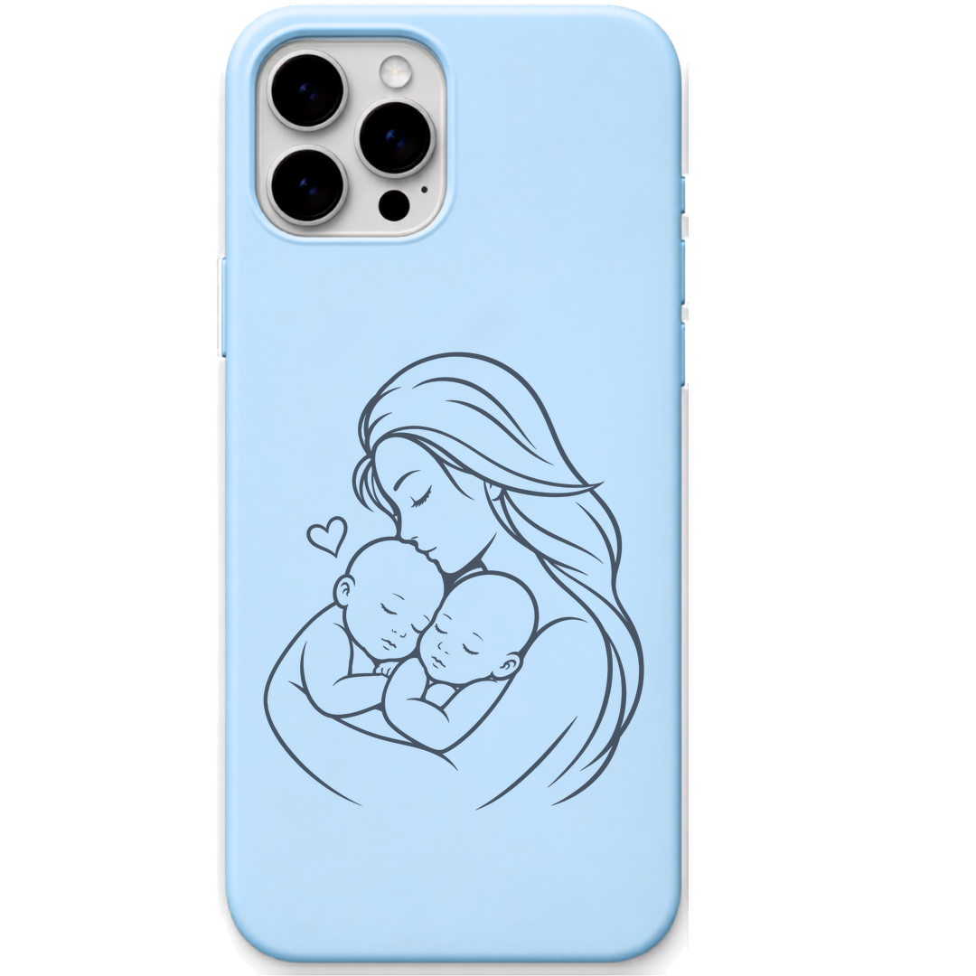 Double the Love mother twins line art engraved pastel silicone phone cover in Sky Blue