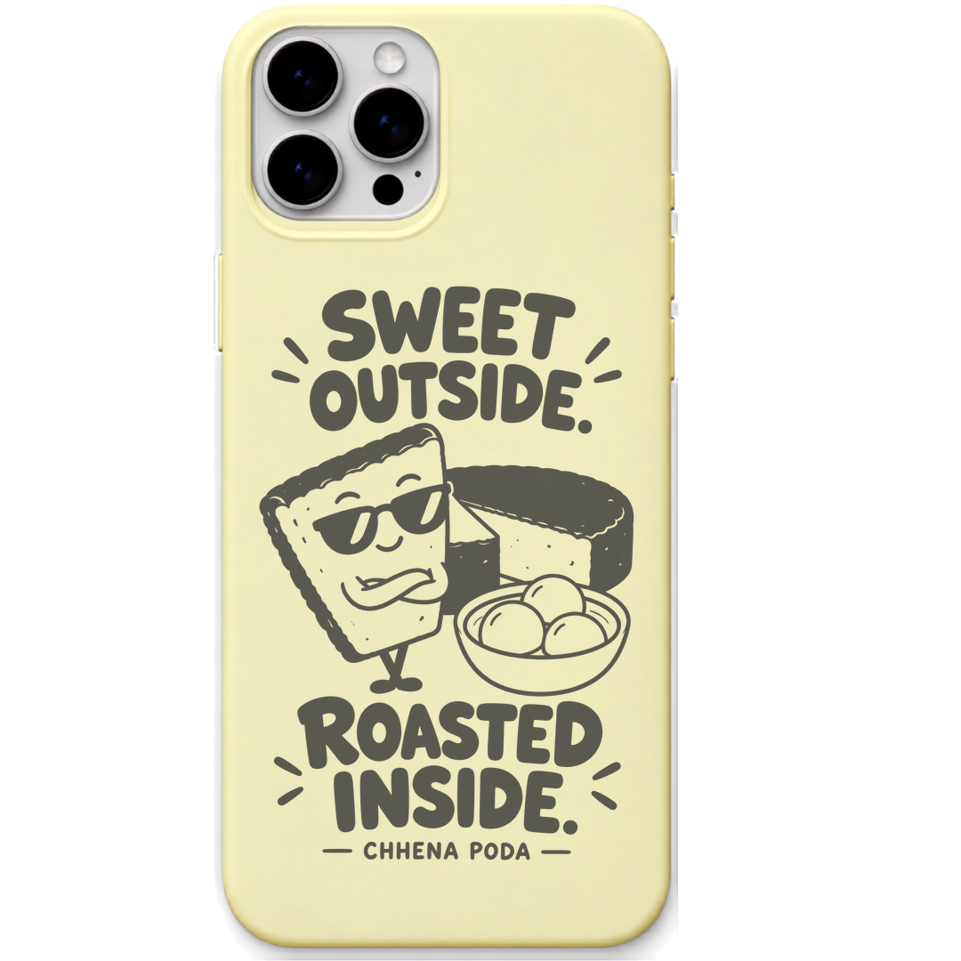 Chhena Poda Sweet Outside Roasted Inside engraved pastel silicone phone cover in Lemon Yellow