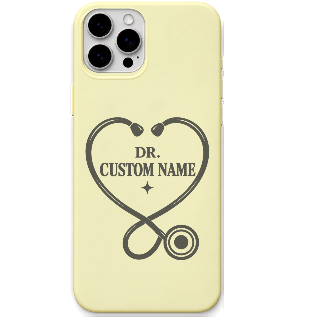 Personalised Dr Name Stethoscope Heart engraved silicone phone cover in Lemon Yellow