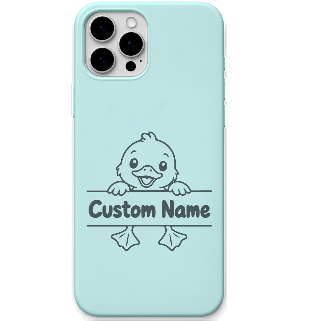 Happy Duckling baby duck custom name engraved pastel silicone phone cover in Mint Green