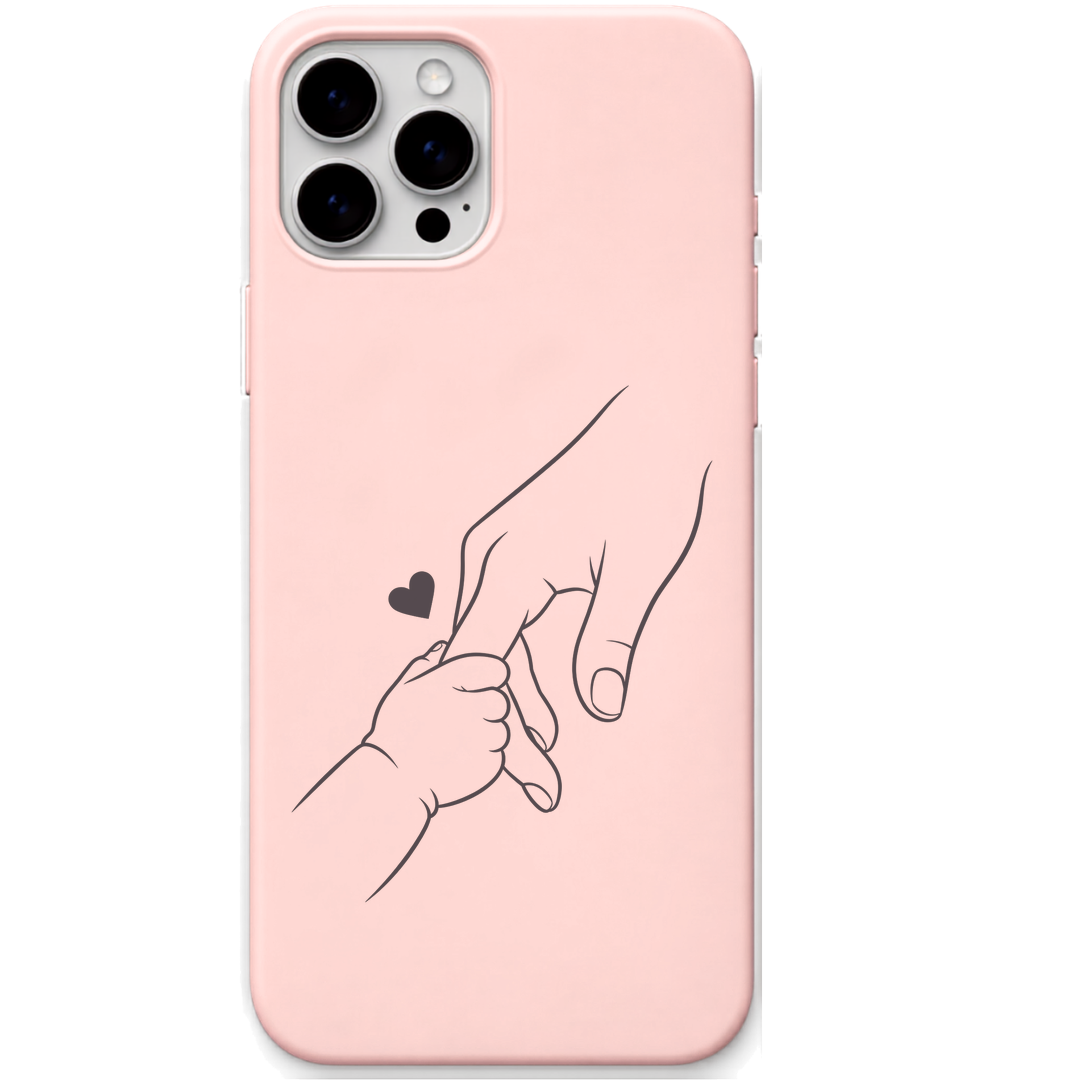 Tiny Hand Forever Bond parent child hands line art engraved pastel silicone phone cover in Blush Pink