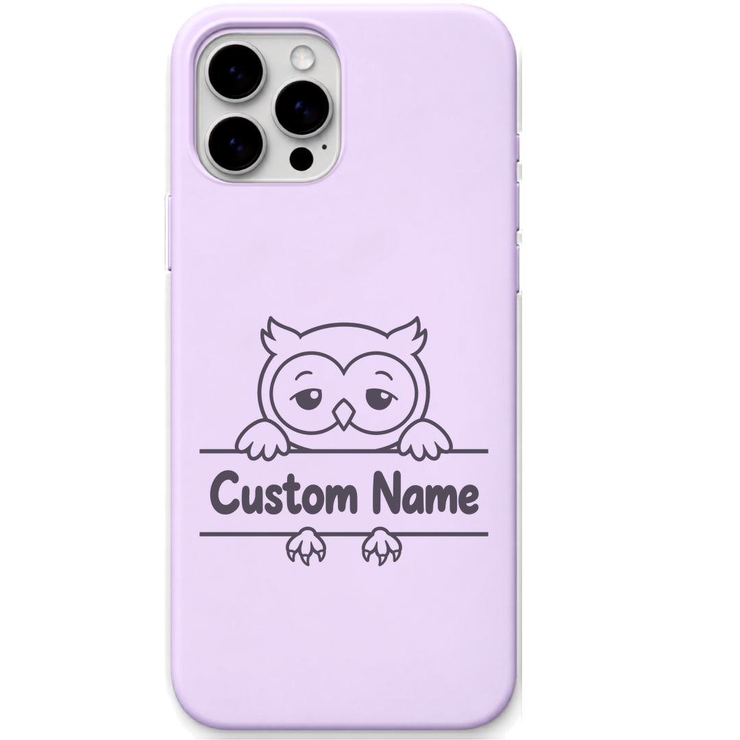 Sleepy Little Owl baby owl custom name engraved pastel silicone phone cover in Lavender