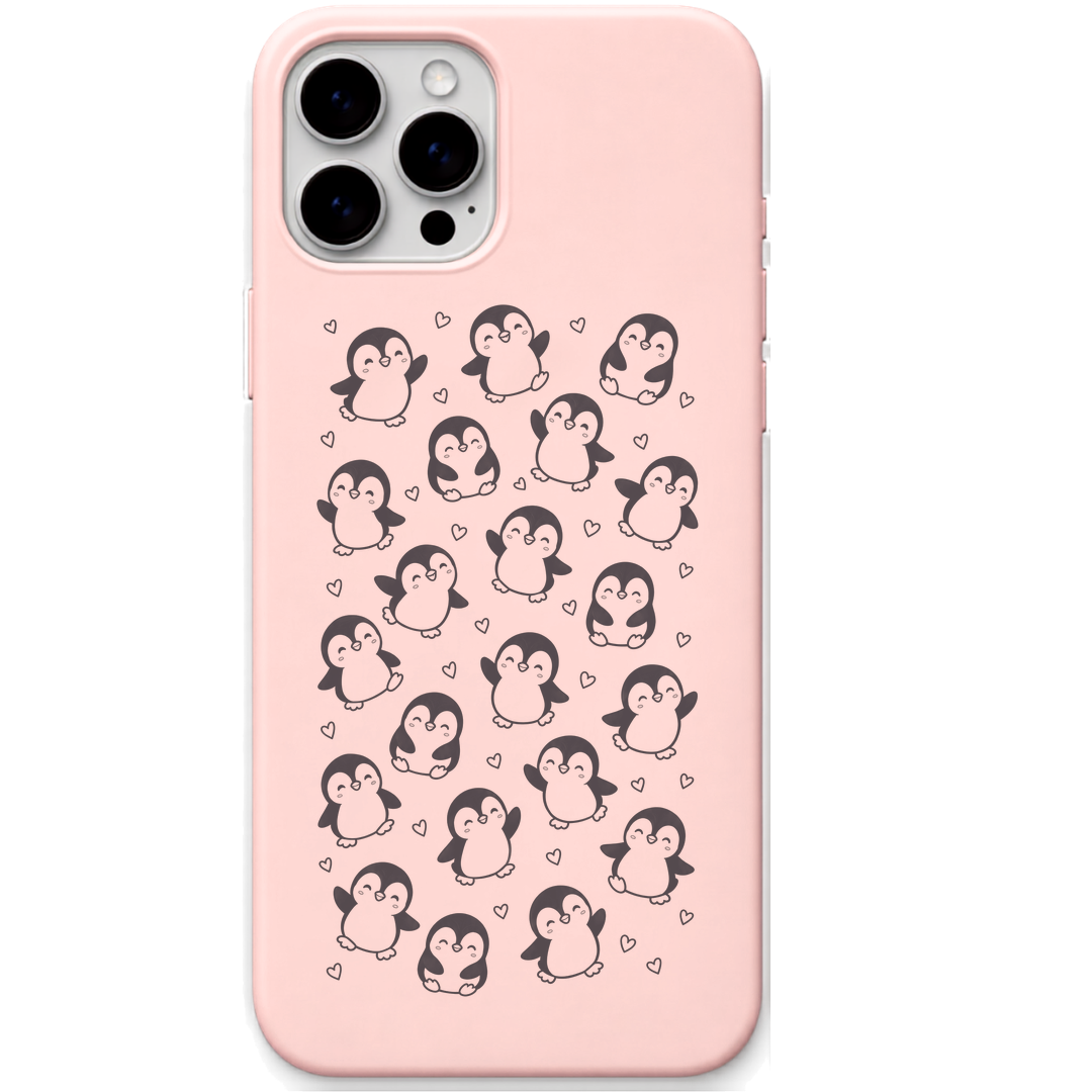 Penguin Huddle cute penguin pattern engraved pastel silicone phone cover in Blush Pink
