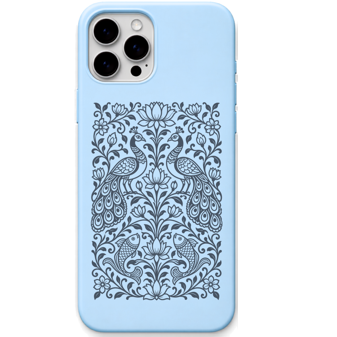 Pattachitra Garden Peacock Pair engraved pastel silicone phone cover in Sky Blue