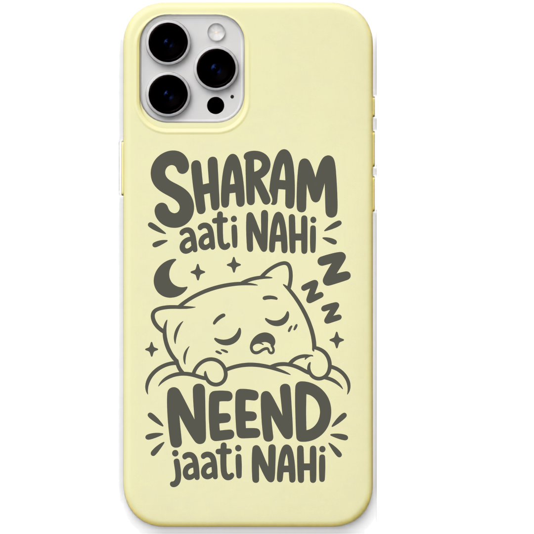 Sharam Aati Nahi Neend Jaati Nahi sleepy cat meme engraved silicone phone cover in Lemon Yellow