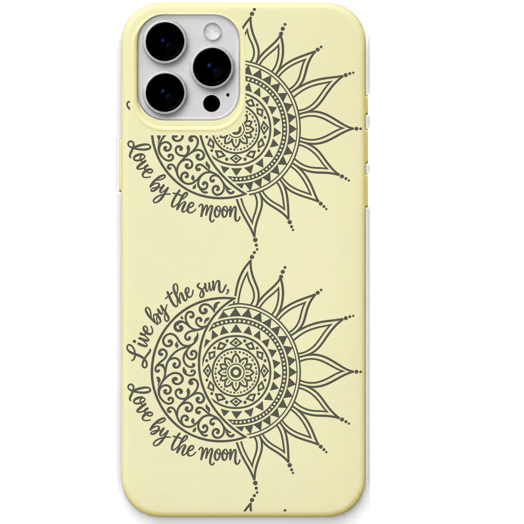 Sun Moon Balance engraved silicone phone cover in Lemon Yellow