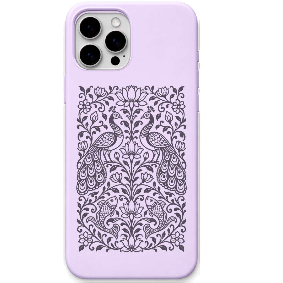 Pattachitra Garden Peacock Pair engraved pastel silicone phone cover in Lavender